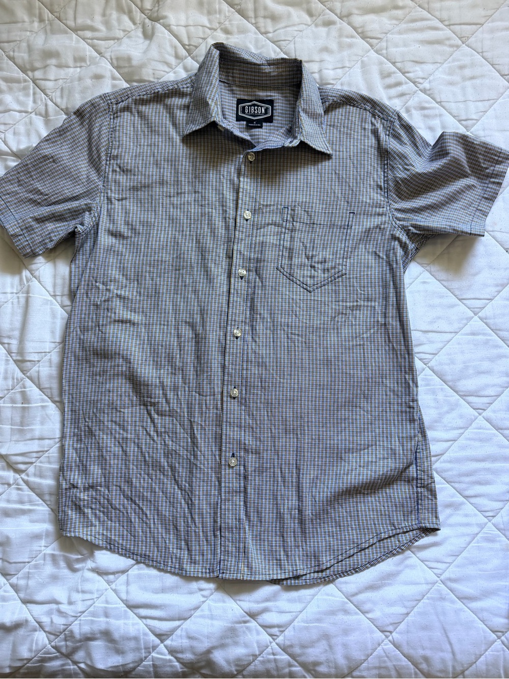 Gibson Men's Short-Sleeve Button-Down in Blue and Gray Micro-Check